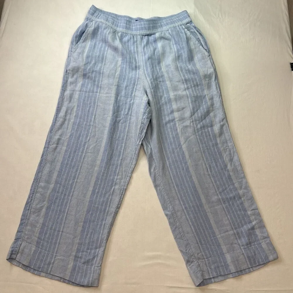 Tahari Women's Large Blue Linen Rayon Elastic Waist Casual Pants with Pockets